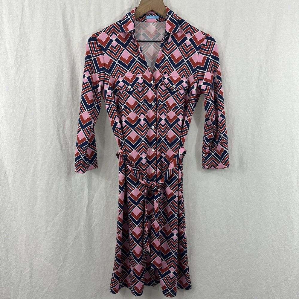 J. McLaughlin Brynn Catalina Cloth Red Pink Geo Print Shirt Dress Womens Sz XS